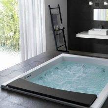 Bathroom White Raised Royal Sized Hydromassage Glass Window Bathtubs oval-bathtub-black-floor-design