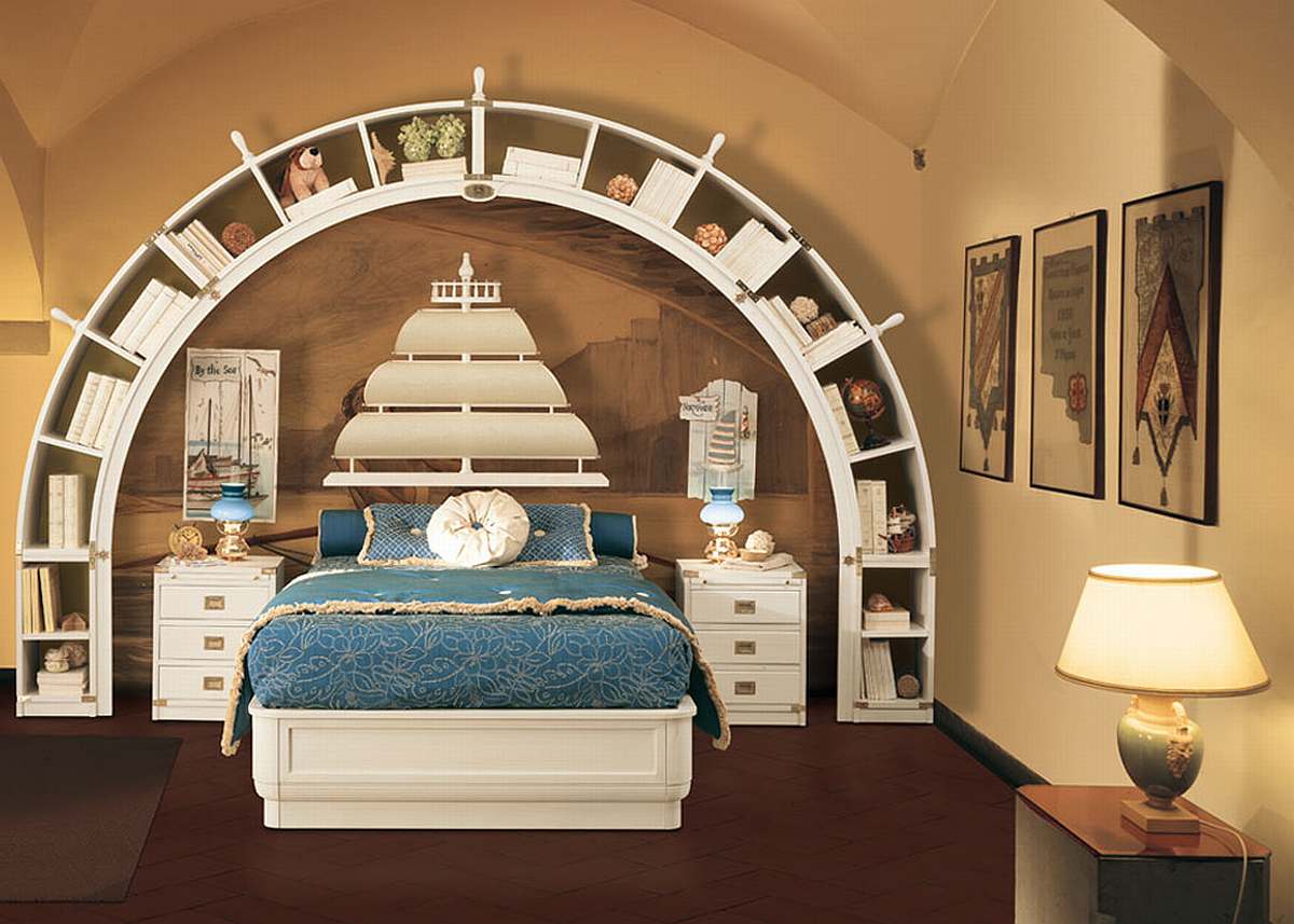 Wonderful Children Bedroom Furniture Featured Sail Shaped Headboard Also Curved Wall Bookcase Style Plus Unique Table Lamps Kids Room