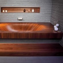 Bathroom Wooden Bathtub Grey Wall Wooden Step Design Wooden-Bathtub-details-stainless-steel-faucet-design