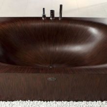 Bathroom Wooden Bathtub Details Stainless Steel Faucet Design brown-Wooden-Bathtub-glass-wall-grey-floor-tile-bathroom
