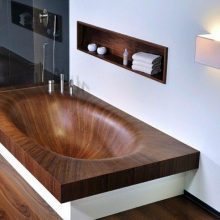Bathroom Wooden Bathtub Wooden Floor Wall Decor Ideas brown-Wooden-Bathtub-glass-wall-grey-floor-tile-bathroom