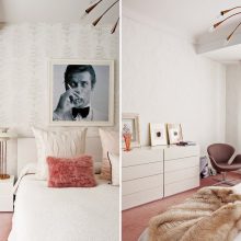 Bedroom Thumbnail size Adorable White Artistic Bedroom With Man Picture And The Wall Accent And Blossom Chandelier Above Luxurious Bedding