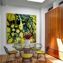 Apartment Thumbnail size Astonishing Dining Space Dressed In Yellow Wire Chair Design Around Circle Table Beneath Modern Ceiling Light With Abstract Painting