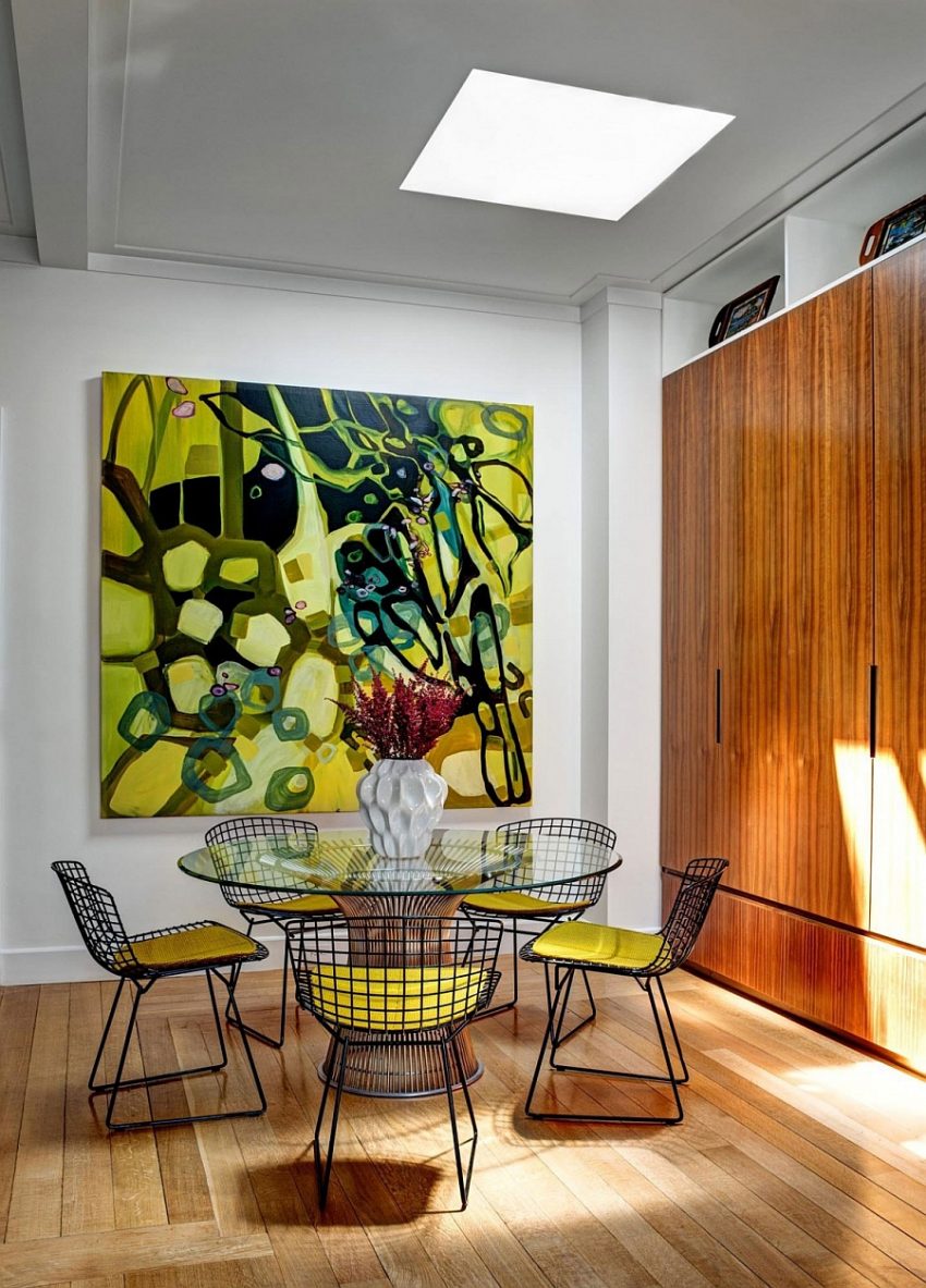 Apartment Large-size Astonishing Dining Space Dressed In Yellow Wire Chair Design Around Circle Table Beneath Modern Ceiling Light With Abstract Painting Apartment