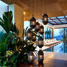 Interior Design Thumbnail size Awesome Lantern Pendants Aside Greenery Below Structural Ceiling Upon Wooden Floor Aside Indoor Pool Design
