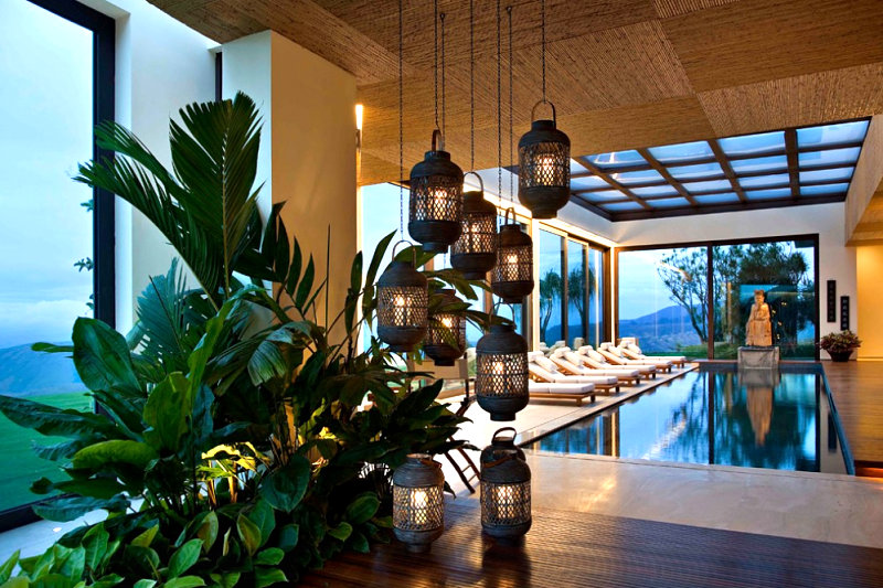 Interior Design Awesome Lantern Pendants Aside Greenery Below Structural Ceiling Upon Wooden Floor Aside Indoor Pool Design Modern Rooms Decorated with Beautiful Green Plants