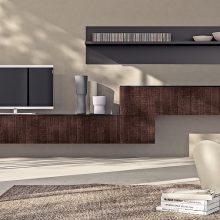 Living Room Thumbnail size Awesome Media Room With Floating Wooden Cabinet And TV Facing Single White Egg Chair Upon Grey Modern Rug