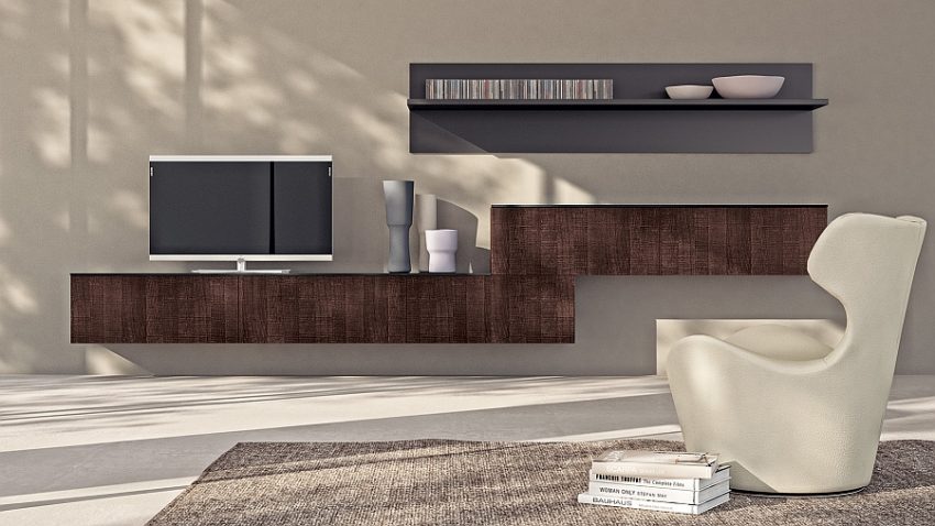 Living Room Awesome Media Room With Floating Wooden Cabinet And TV Facing Single White Egg Chair Upon Grey Modern Rug Touching an Adjoining Kitchen Living Room with the Taste of Contemporary Style