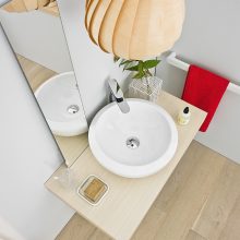 Bathroom Thumbnail size Awesome Pumpkin Pendant Above Bathroom Vanity With Cream Floating Storage With Single Circle Basin And Narrow Mirror