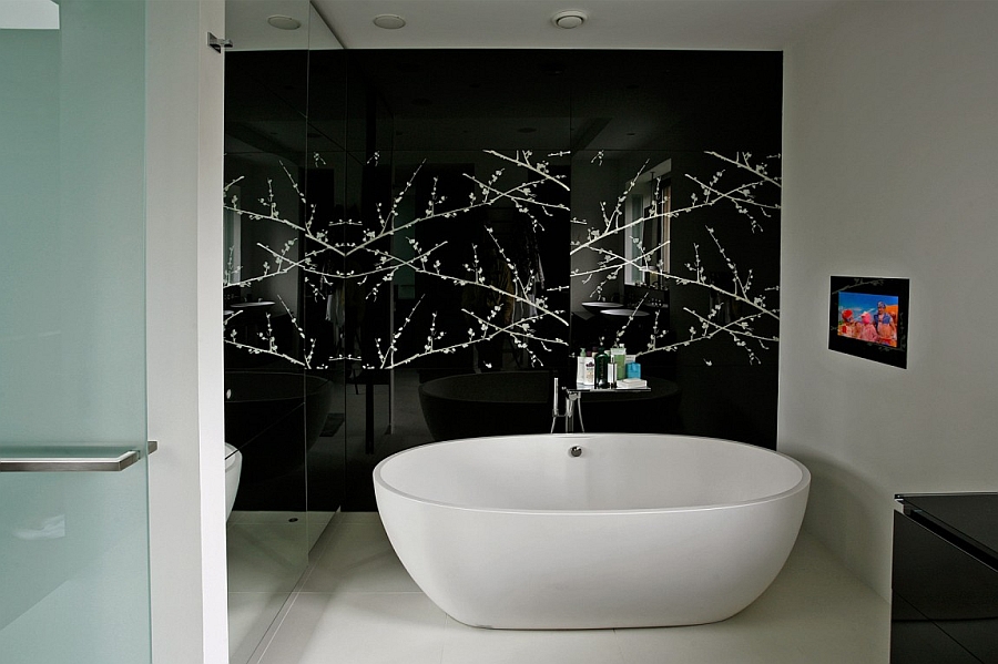 Awesome Simple White Bathtub With Stunning Glassy Floating Racks On Black Beadboard With Coastal Picture Interior Design