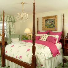Bedroom Thumbnail size Beautiful Pink Canopy Bed Flashing Floral Blanket Upon Green Patterned Area Rug Aside Wooden Vanity Design