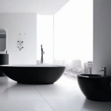 Bathroom Black Bathtub Egg Shaped White Floor Large Glass Windows white-egg-shaped-white-floor-white-wall