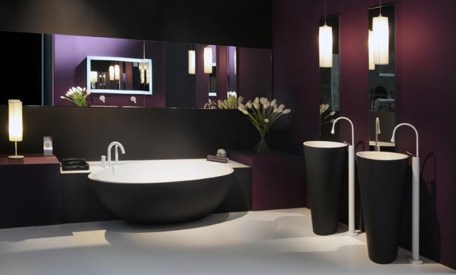 Black Egg Shaped Bathtub White Floor Long Mirror Purple Wall Bathroom