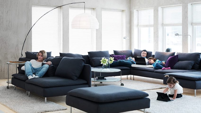 Ideas Large-size Black Luxurious Modern Sofa Design With Glassy Round Coffee Table Beneath Curve Floor Lamp Upon White Rug Ideas