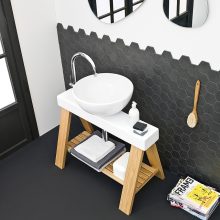 Bathroom Thumbnail size Black White Bathroom Design With Unique Wooden Vanity Aside Honeycomb Wainscoting Idea Beneath Two Wall Mirrors