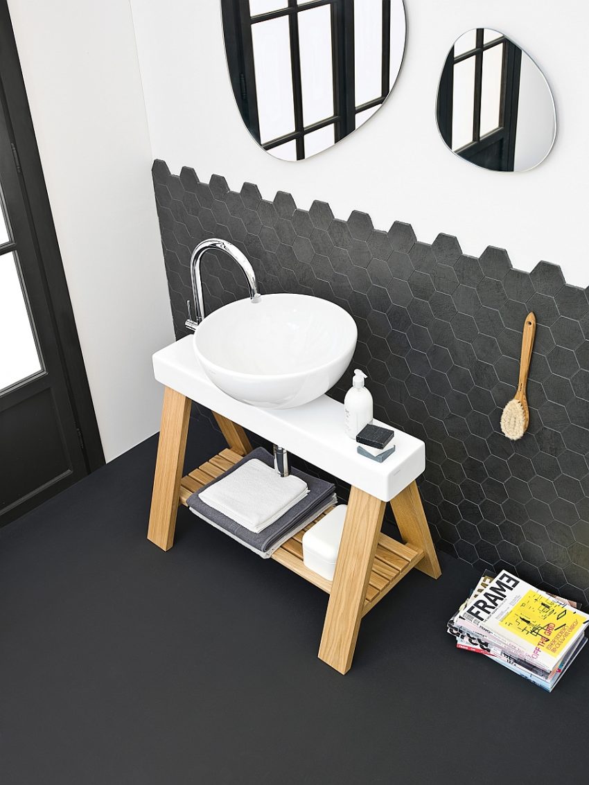 Bathroom Black White Bathroom Design With Unique Wooden Vanity Aside Honeycomb Wainscoting Idea Beneath Two Wall Mirrors Feeling Sophisticated with Smart and Trendy Small Bathroom