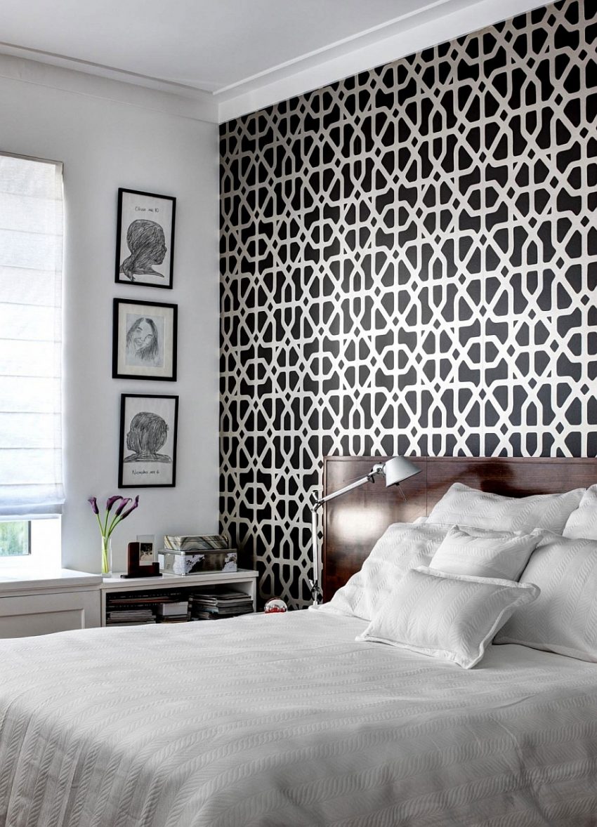 Apartment Black White Wall Pattern Above Brown Headboard And Simple Nightstand Below Photo Gallery Manhattan Apartment Showcases Interior Flashed with Dazzling Flair of Rio