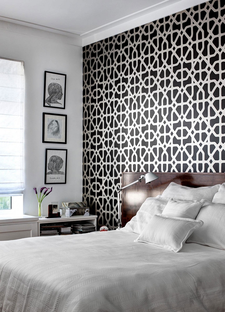 Black White Wall Pattern Above Brown Headboard And Simple Nightstand Below Photo Gallery Apartment