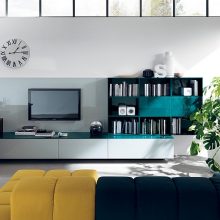 Living Room Thumbnail size Black Yellow Sofa Design Beneath Modern Floor Lamp Facing Great Media Cabinetry Aside Bookshelves