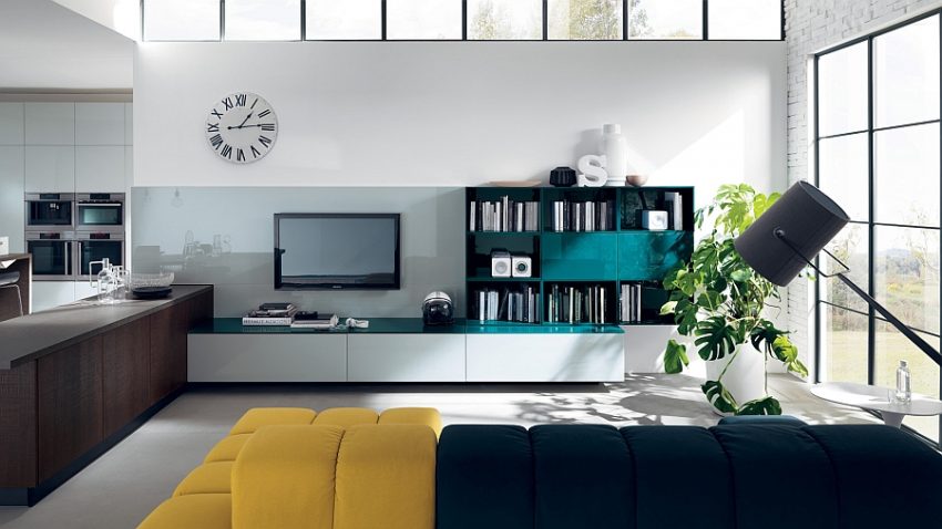 Living Room Black Yellow Sofa Design Beneath Modern Floor Lamp Facing Great Media Cabinetry Aside Bookshelves Touching an Adjoining Kitchen Living Room with the Taste of Contemporary Style