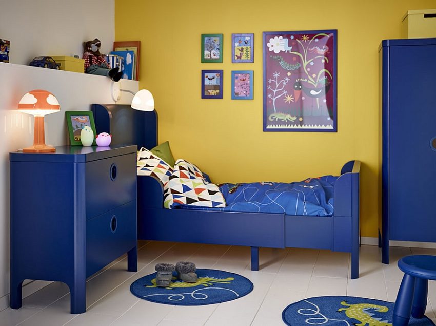 Ideas Blue Kids Room Design With Round Rugs And Awesome Pictures On Yellow Wall And Yellow Table Lamp Greatest 2015 Online Catalog by IKEA