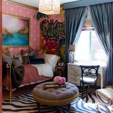Bedroom Thumbnail size Bohemian Living Room Style With Tufted Coffee Table And Reclining Chair Upon Zebra Patterned Area Rug