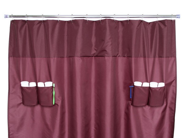 Bathroom Brilliant Purple Utility Shower Curtains Two Pockets Toothbrush Bathroom Flexible Shower Curtain that Saves Space