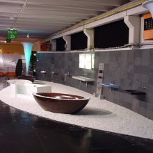 Bathroom Brpwn Oval Wooden Bathtub Design Creame-Wooden-Bathtub-dark-grey-floor-bathroom