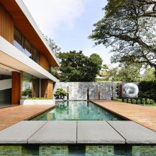 Architecture Thumbnail size Concrete Walkway Middle Pool Featuring Wooden Deck Beneath Maple Tree Aside Architectural Home Design