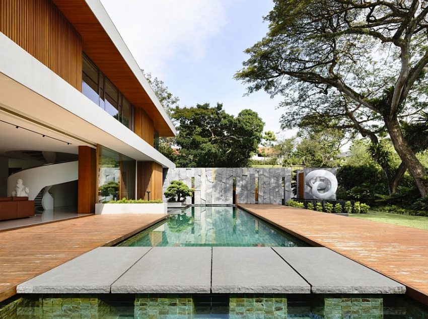 Architecture Concrete Walkway Middle Pool Featuring Wooden Deck Beneath Maple Tree Aside Architectural Home Design Contemporary Style Residence Inspired by Natural Goodness