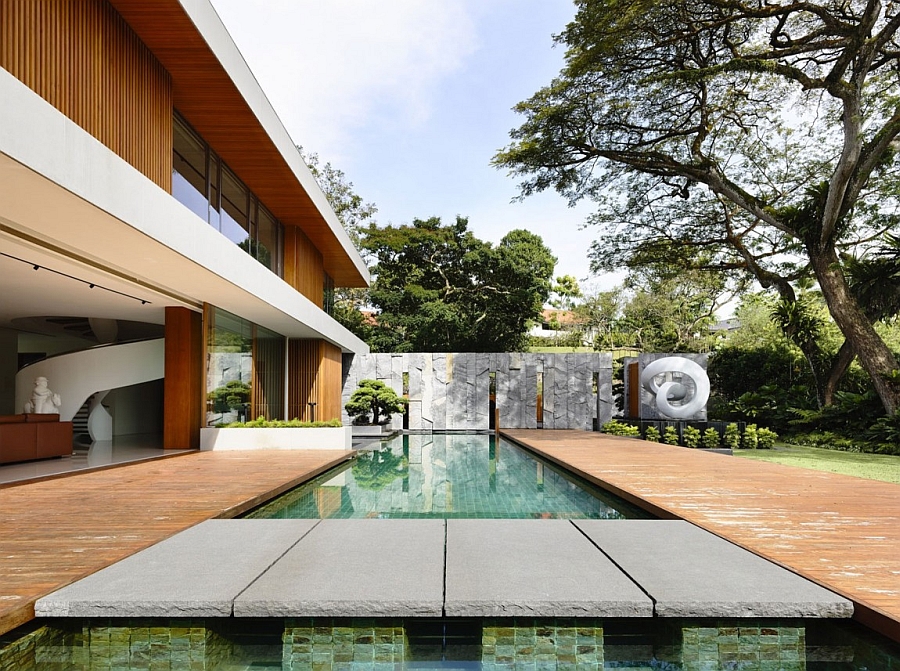 Concrete Walkway Middle Pool Featuring Wooden Deck Beneath Maple Tree Aside Architectural Home Design Architecture