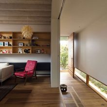 Ideas Thumbnail size Creative Wall Shelving Idea With Pink Chair Aside Upon Wooden Floor And Narrow Glassy Ventilation
