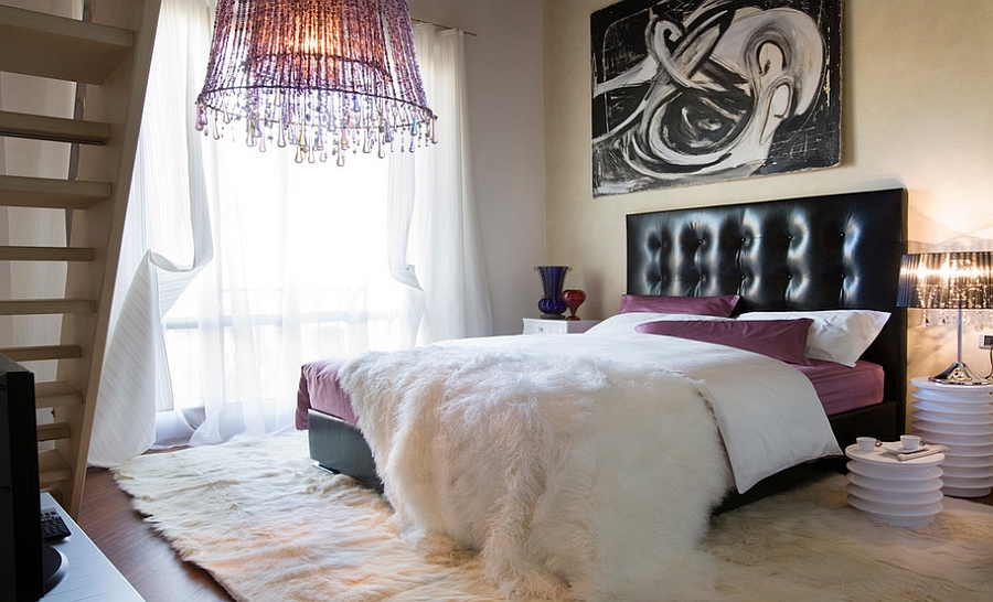 Dazzling Modern Feminine Bedroom With Black Tufted Headboard Covered With White Blanket Beneath Abstract Painting Bedroom