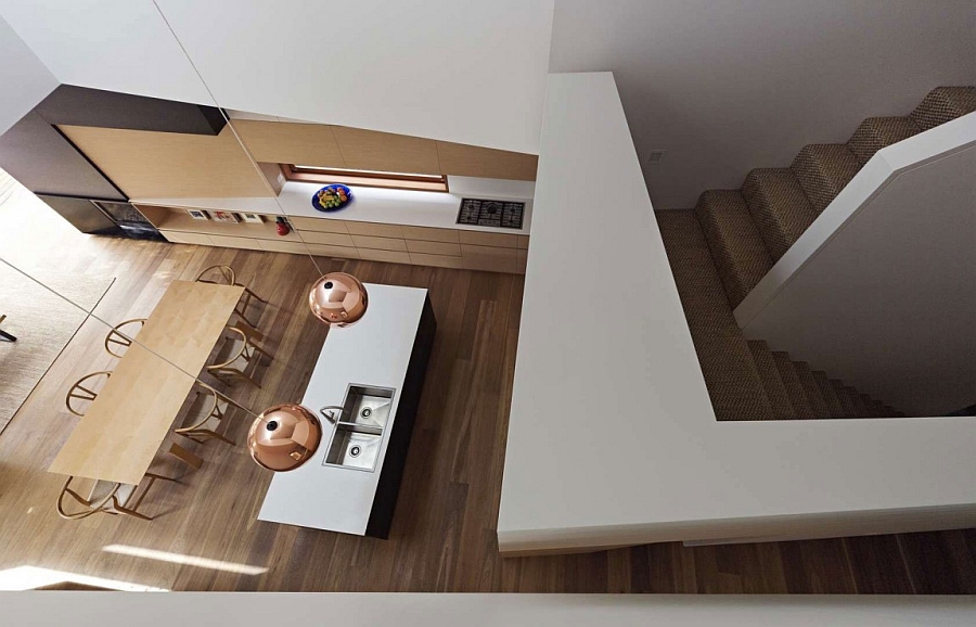 Double Height Kitchen Design Overlooked From Loft With Rectangle Wooden Dining Table And White Island Idea Ideas