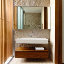 Architecture Thumbnail size Double Layered Bathroom Vanity With Wooden Storage And White Sink Upon Wooden Floor Beneath Rectangle Wall Mirror