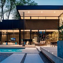 Architecture Thumbnail size Eco Friendly Structural Home Design With Glassy Enclosure Facing Outdoor Blue Pool With Concrete Pebble Deck