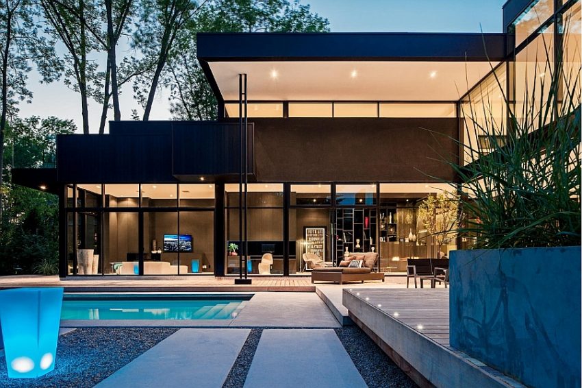 Architecture Eco Friendly Structural Home Design With Glassy Enclosure Facing Outdoor Blue Pool With Concrete Pebble Deck Private Dwelling Bathed with Luxury Wrapped in Magical Minimalist Style