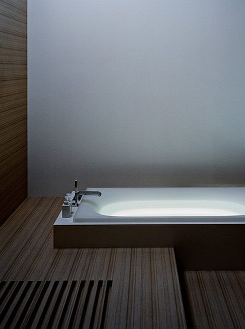 Elegant Bathroom Fixture By Toto Rough Wooden Material Deck White Wall Bathtub Ideas Bathroom