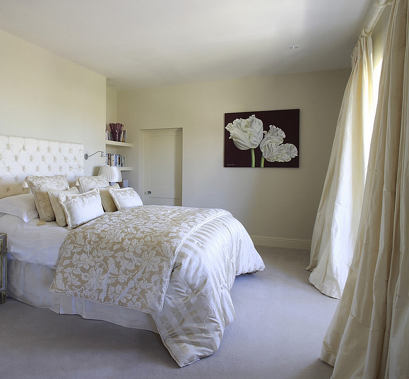 Elegant Posh White Bedroom With Bold Patterned Bed With Tufted Headboard Facing Large Window Design With Curtain Bedroom