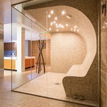 Architecture Thumbnail size Exclusive Modern Built In Shower Design With Curve Wall To Ceiling Panel Board Bathed With Contemporary Light