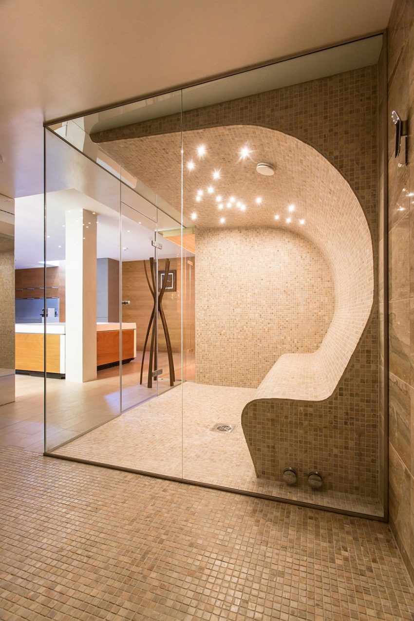 Architecture Exclusive Modern Built In Shower Design With Curve Wall To Ceiling Panel Board Bathed With Contemporary Light Blending the Natural Friendliness and Modern Concept in Splendid Villa Estebania