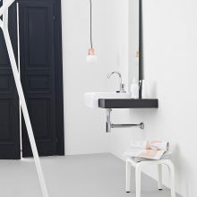 Bathroom Thumbnail size Exclusive Spacious Powder Room With Simple Floating Vanity In White Black Combination And Small Chair Storage