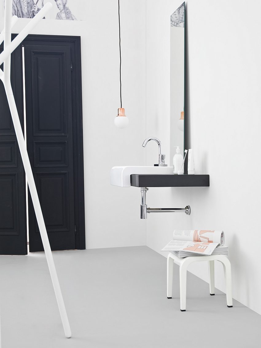 Bathroom Exclusive Spacious Powder Room With Simple Floating Vanity In White Black Combination And Small Chair Storage Feeling Sophisticated with Smart and Trendy Small Bathroom