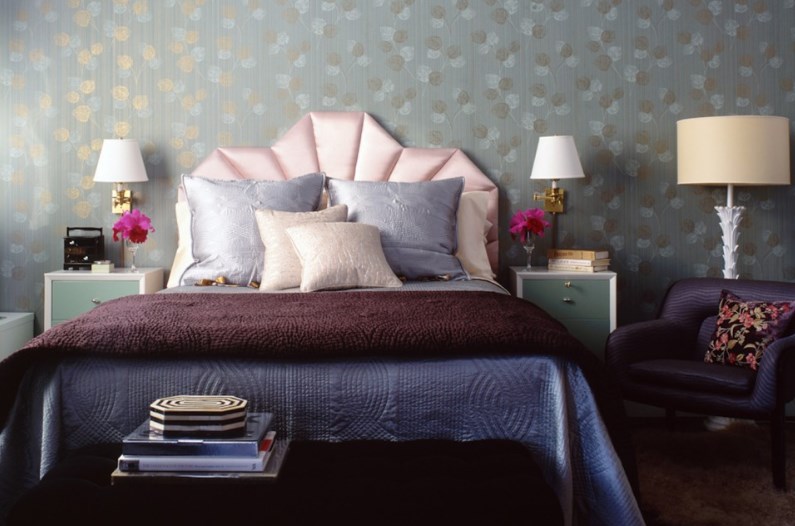 Feminine Moroccan Bedding Set With Pink Fan Headboard Covered With Blue Maroon Blanket Before Grey Patterned Wall Bedroom