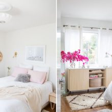 Architecture Thumbnail size Feminine Pink Bedroom With Sheer White Bed Facing Wooden Storage Beneath Cherry Look Flower