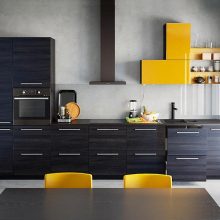 Ideas Thumbnail size Flashing Yellow Storage Floating On White Backdrop Above Black Cabinet Design Facing Banana Tone Dining Space