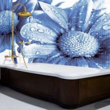 Bathroom Gold Metal Shower Grey Floor Glass Mosaic white-bathtub-black-floor-glass-mosaic