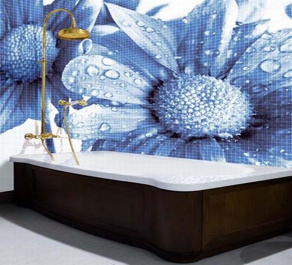 Gold Metal Shower Grey Floor Glass Mosaic Bathroom