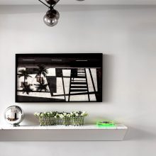 Apartment Thumbnail size Gorgeous White Light Wall Rack Unit With Small Decorative Plants Aside Stain Ball Beneath TV Set