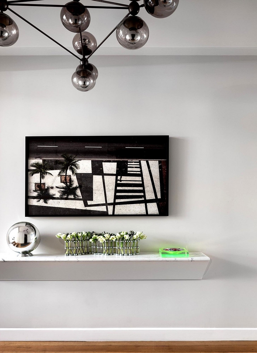 Gorgeous White Light Wall Rack Unit With Small Decorative Plants Aside Stain Ball Beneath TV Set Apartment